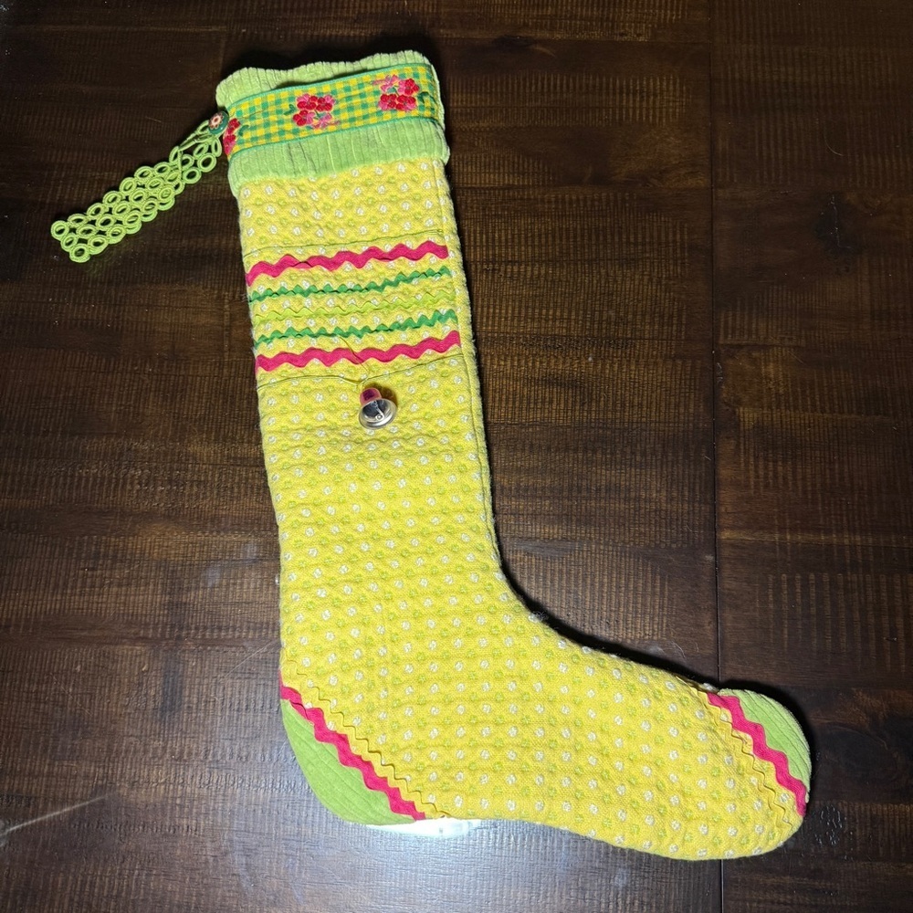 Christmas Stocking Handmade Large Quilted CottageCore Holiday Yellow Boho Artsy